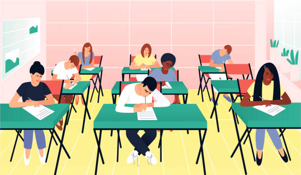 Illustration vectorielle d'une salle où diverses personnes, assise chacune à un bureau, écrivent sur une feuille de papier