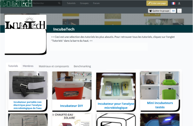 Page d’accueil/ page des tutoriels du site internet IncubaTech