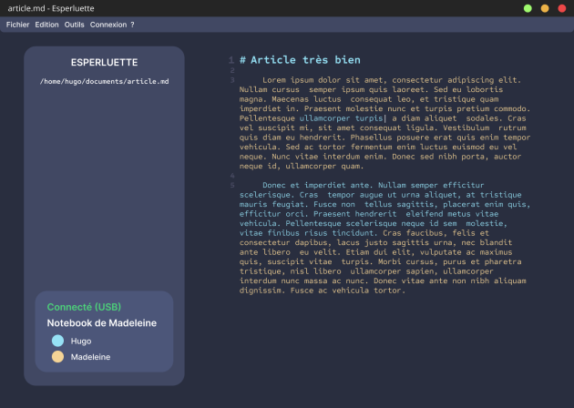 Interface d’éditeur de texte fictif représentant le programme Esperluette