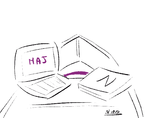 Deux ordinateurs portables, l’un fermé, l’autre ouvert, reliés par un câble. Il y a écrit MAJ